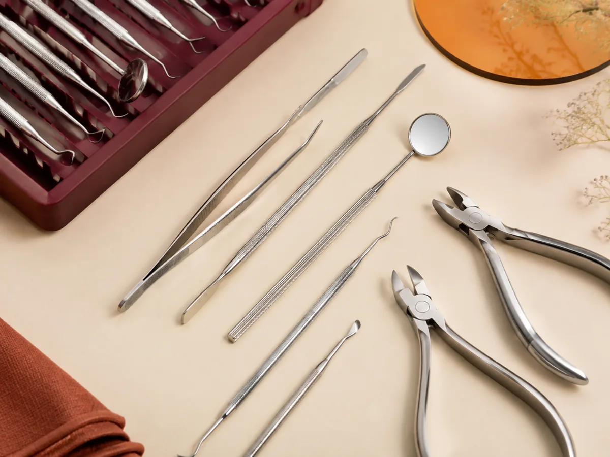Instrumental odontológico dispuesto sobre una superficie marfil